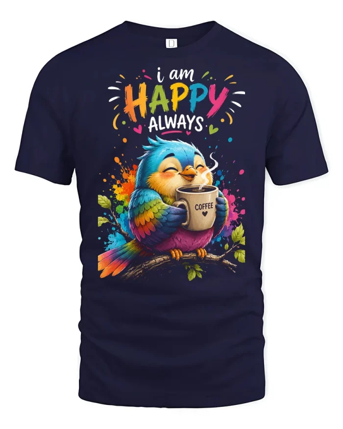I Am Happy Always Coffee Bird Graphic T Shirt Positive Vibes - navy t-shirt on white background