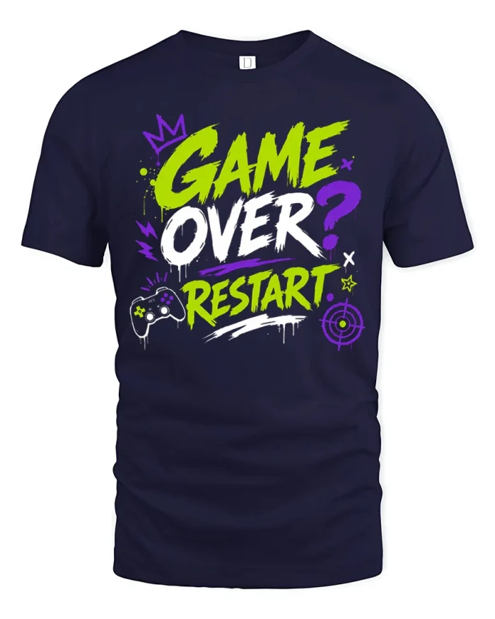 Game Over Restart Funny Gamer Graphic T Shirt Vintage Style - navy t-shirt on white background