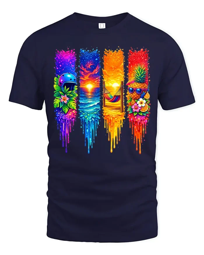 Tropical Summer Vacation Sunset Beach Graphic Unisex T Shirt - navy t-shirt on white background