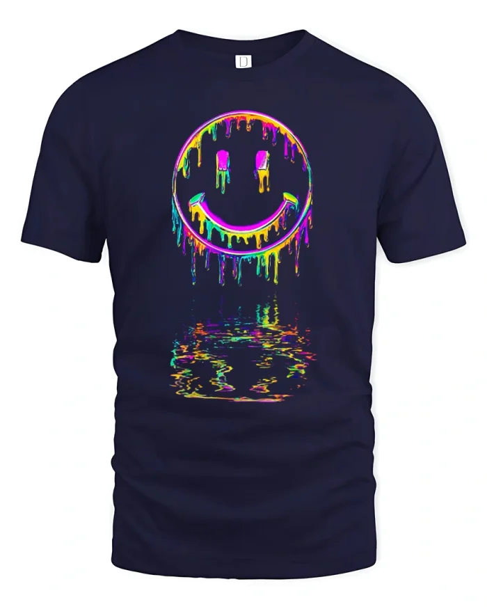 Colorful Melting Smiley Face Retro Graphic Unisex T Shirt - navy t-shirt on white background