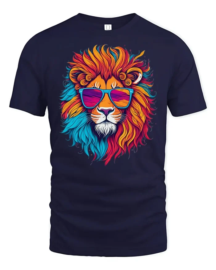 Colorful Cool Lion Wearing Sunglasses Graphic Unisex T Shirt - navy t-shirt on white background