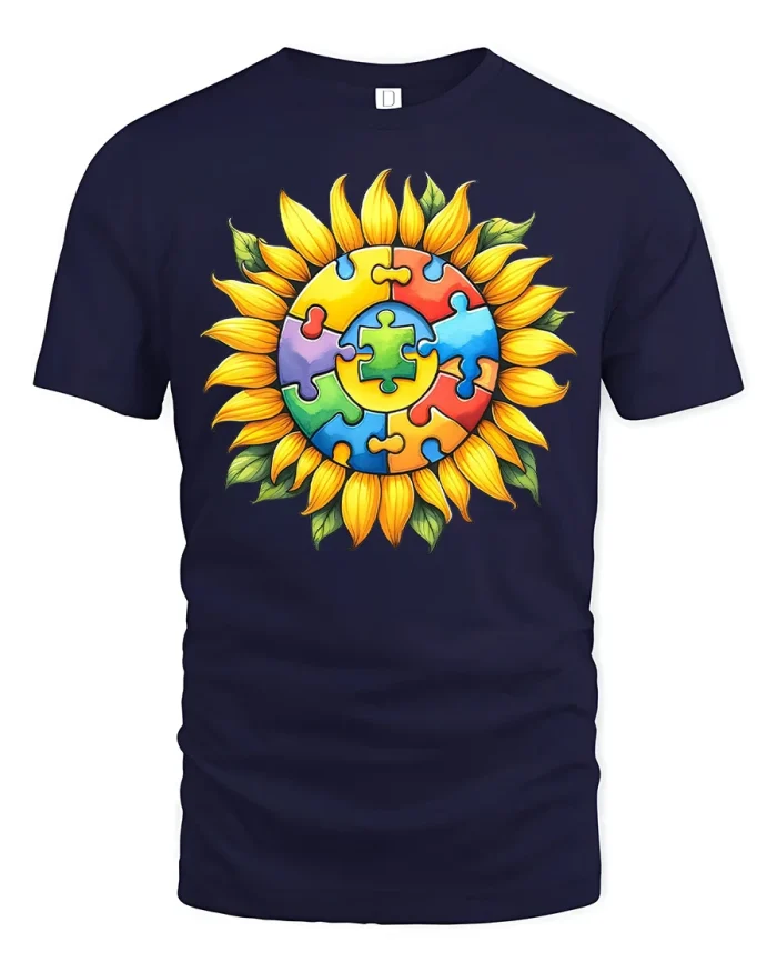 Colorful Autism Sunflower Puzzle Piece Awareness Unisex T Shirt - navy t-shirt on white background