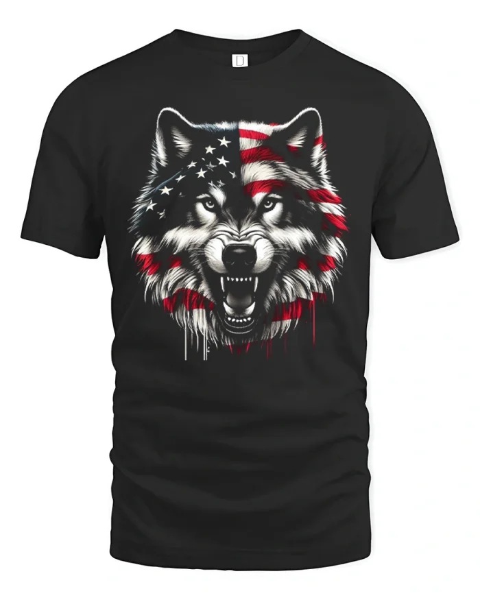 American Flag Wolf Graphic Tee Patriotic Fierce Wildlife Art - black t-shirt on white background