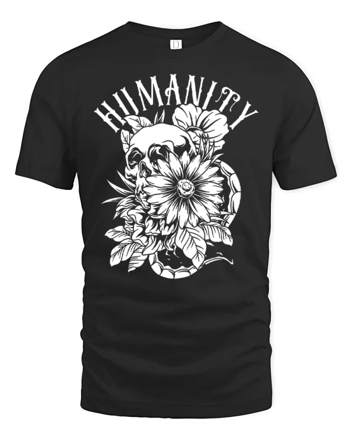 Humanity Gothic Skull Floral Graphic Tee Vintage Dark Art Style - black t-shirt on white background