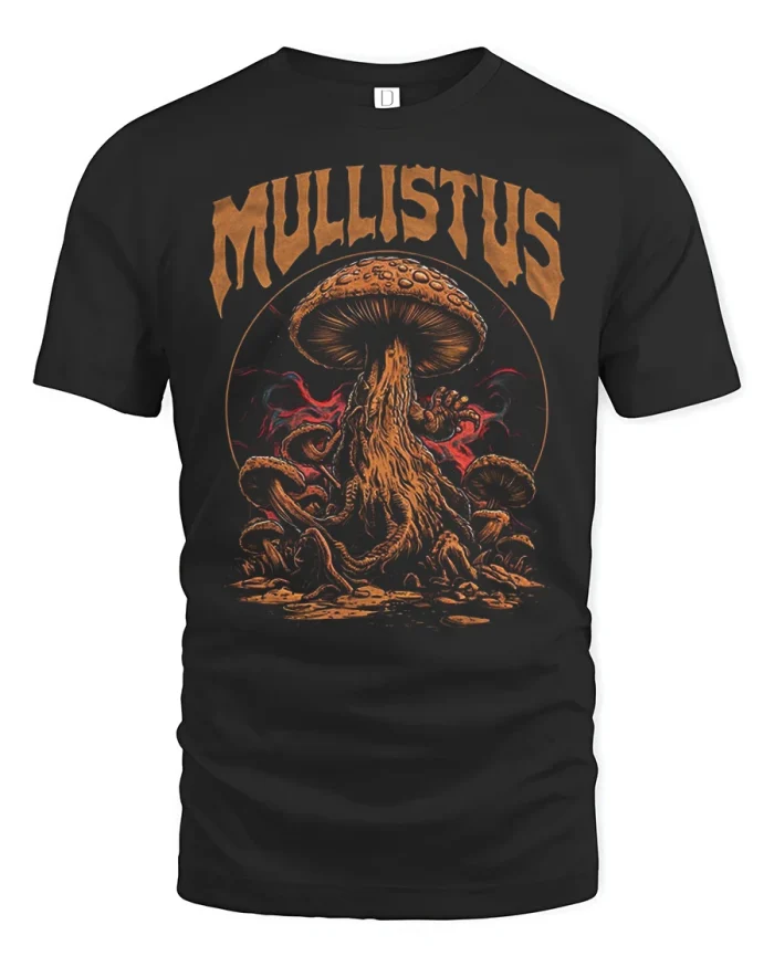 Mystical Mullistus Mushroom Graphic Tee Dark Fantasy Forest Art - black t-shirt on white background