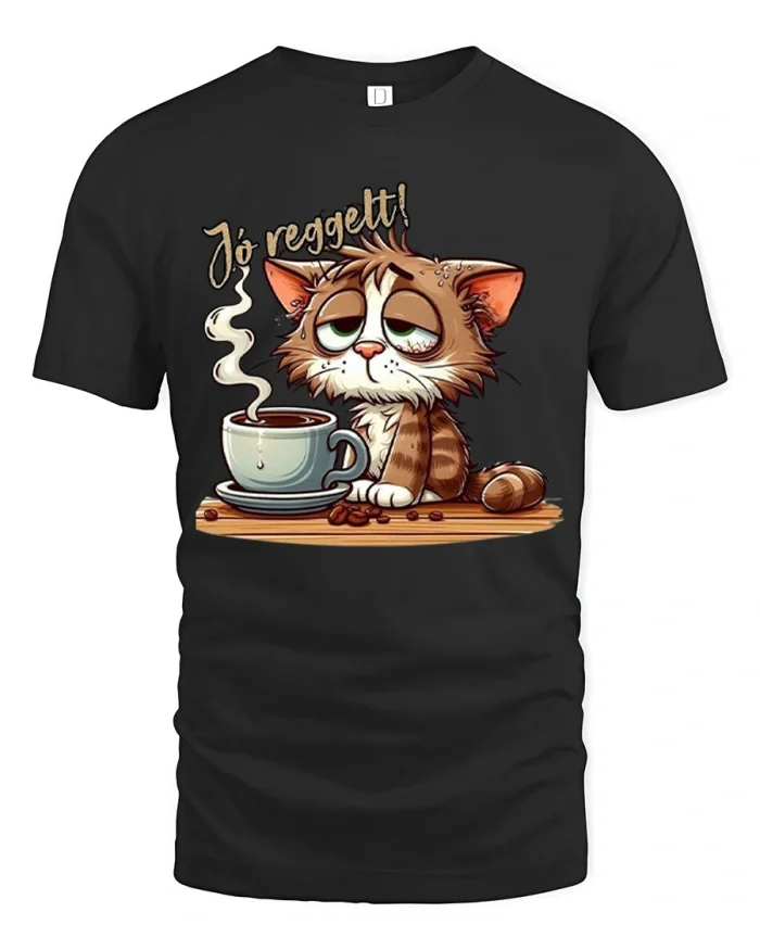 Jo Regget It Funny Sleepy Cat Coffee Graphic Tee Cute Tshirt - black t-shirt on white background