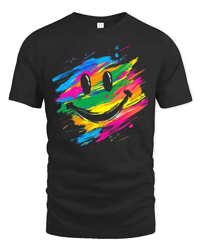 Colorful Smiley Face Graphic Tee Retro Happy Vibes Art Tshirt - black t-shirt on white background