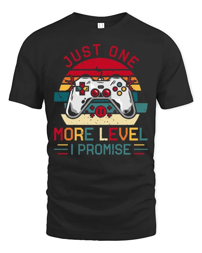 Just One More Level Gamer Graphic Tee Funny Retro Gaming Tshirt - black t-shirt on white background