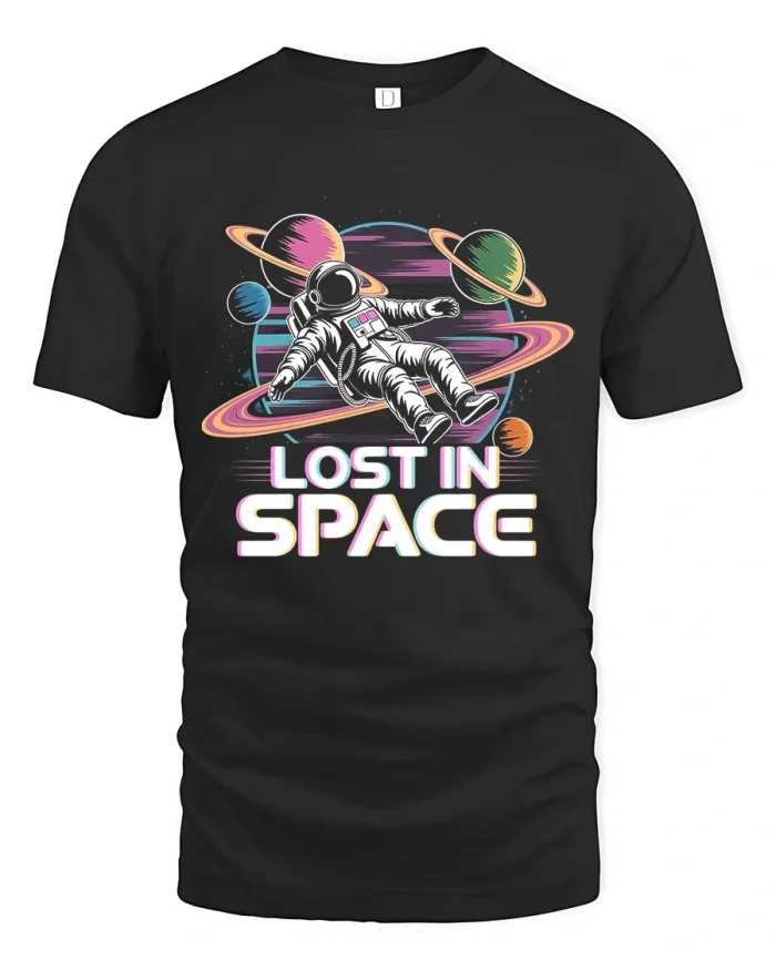 Lost In Space Astronaut Graphic Tee Retro Galaxy Adventure Tshirt - black t-shirt on white background