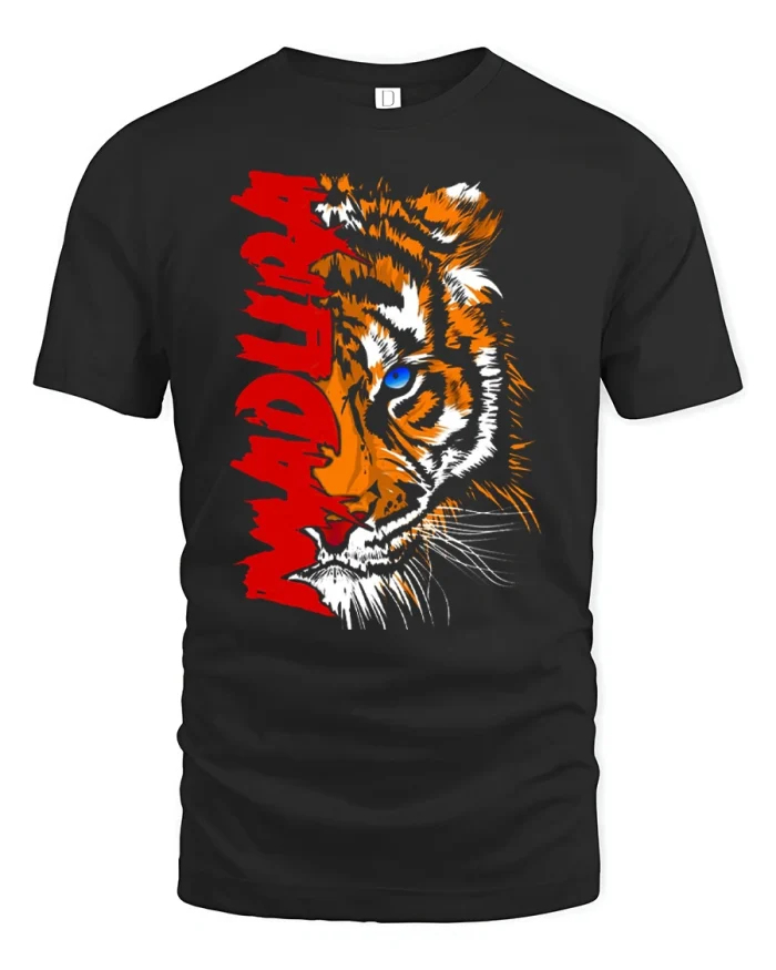 Mad Lion Tiger Face Graphic Tee Fierce Wild Animal Art Tshirt - black t-shirt on white background