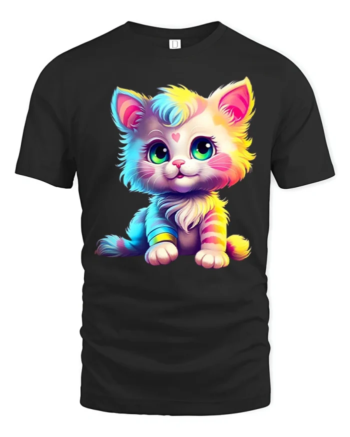 Cute Rainbow Kitten Graphic Tee Colorful Kawaii Cat Lover Tshirt - black t-shirt on white background