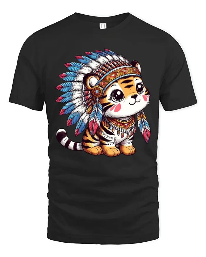 Cute Tribal Tiger Cub Graphic Tee Kawaii Animal Art Tshirt - black t-shirt on white background