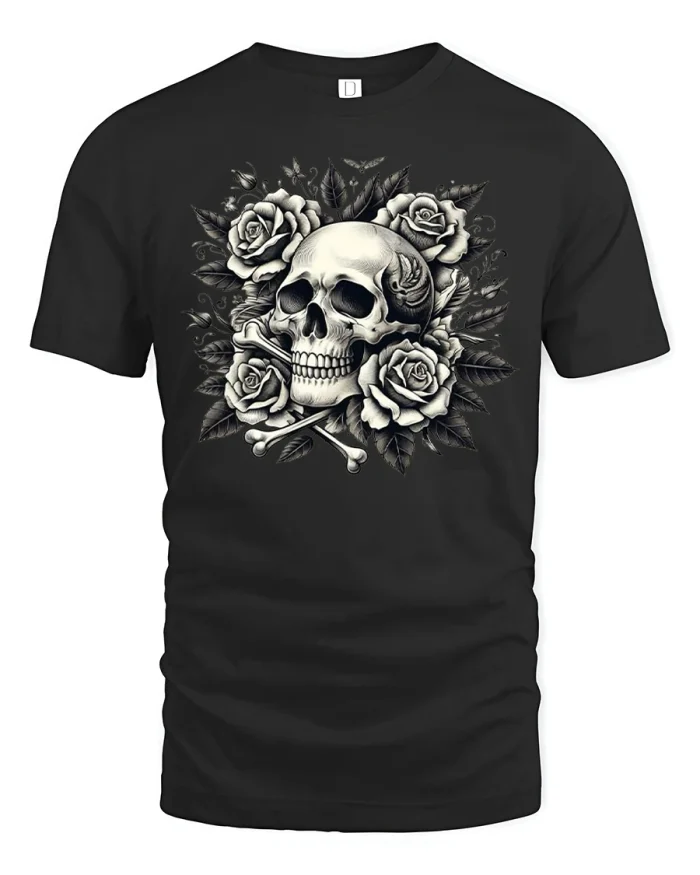 Vintage Skull and Roses Graphic Tee Gothic Floral Art Design - black t-shirt on white background