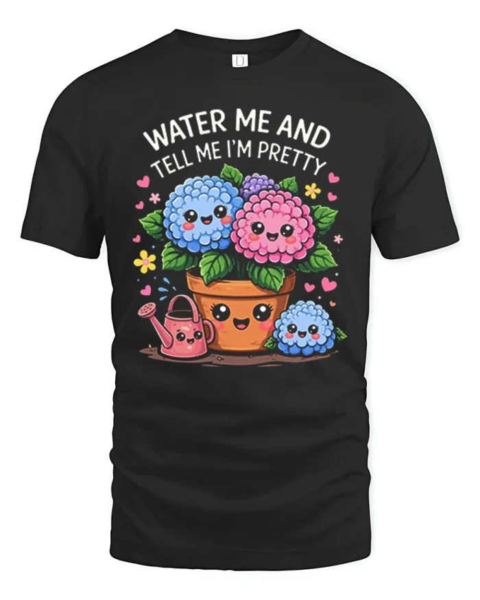 Water Me and Tell Me Im Pretty Cute Flower Graphic Tee - black t-shirt on white background