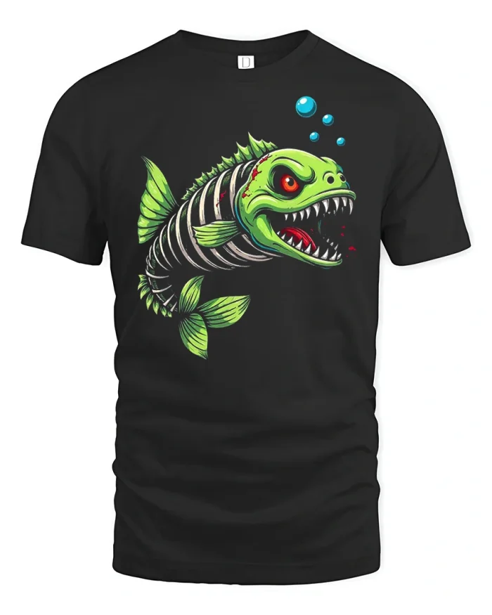 Funny Zombie Fish Skeleton Graphic Tee Fierce Monster Ocean Art - black t-shirt on white background