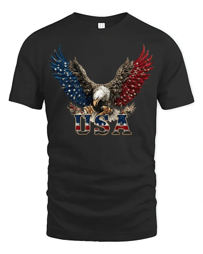 Patriotic Bald Eagle USA Flag Graphic Tee for American Pride - black t-shirt on white background