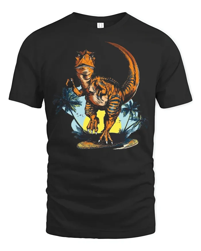 Vintage Tyrannosaurus Rex Graphic Tee with Sunset Jurassic Style - black t-shirt on white background