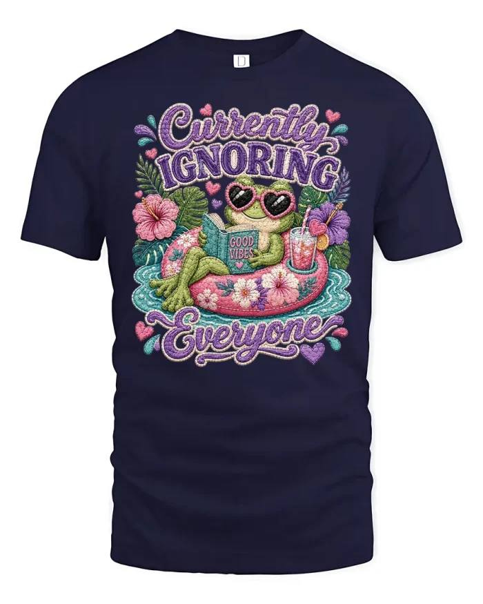 Currently Ignoring Everyone Funny Frog Graphic Tee Good Vibes Style - navy t-shirt on white background