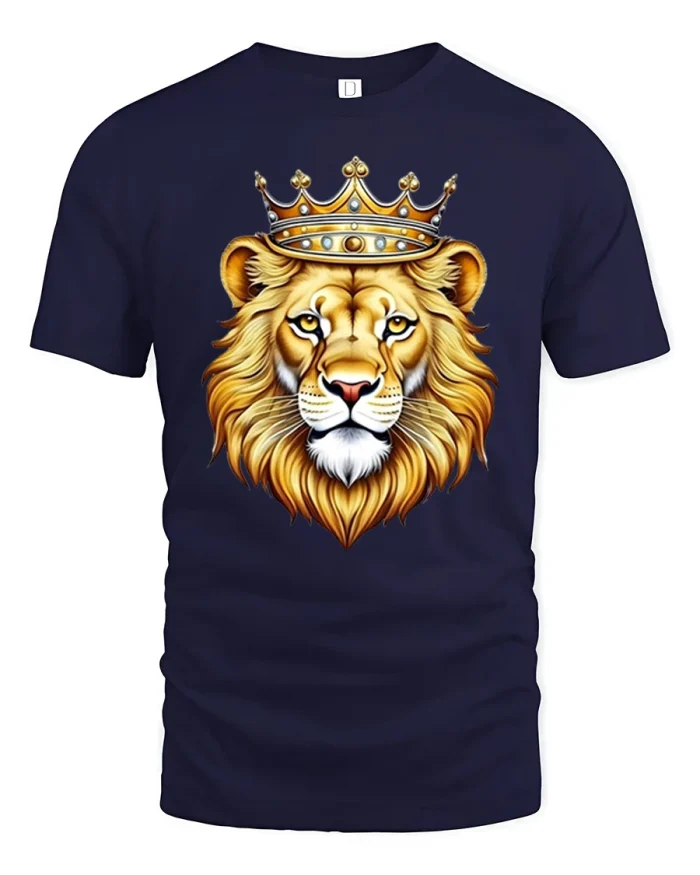 Majestic Crowned Lion Graphic Tee Powerful King Animal Design - navy t-shirt on white background