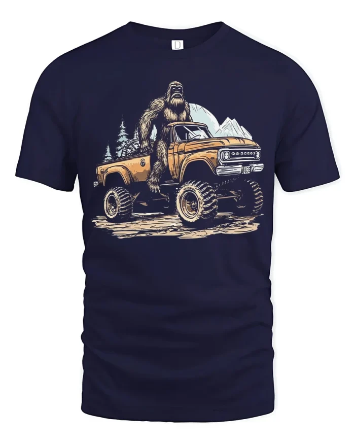 Bigfoot Monster Truck Graphic Tee Funny Off Road Adventure Shirt - navy t-shirt on white background