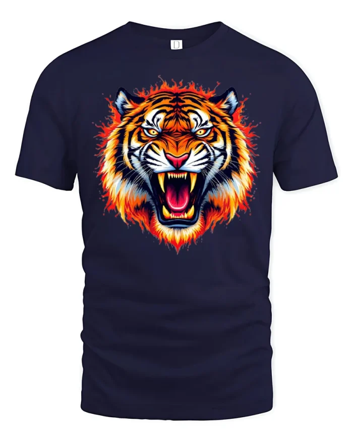 Fierce Roaring Tiger Graphic Tee Bold Wild Animal Art T Shirt - navy t-shirt on white background