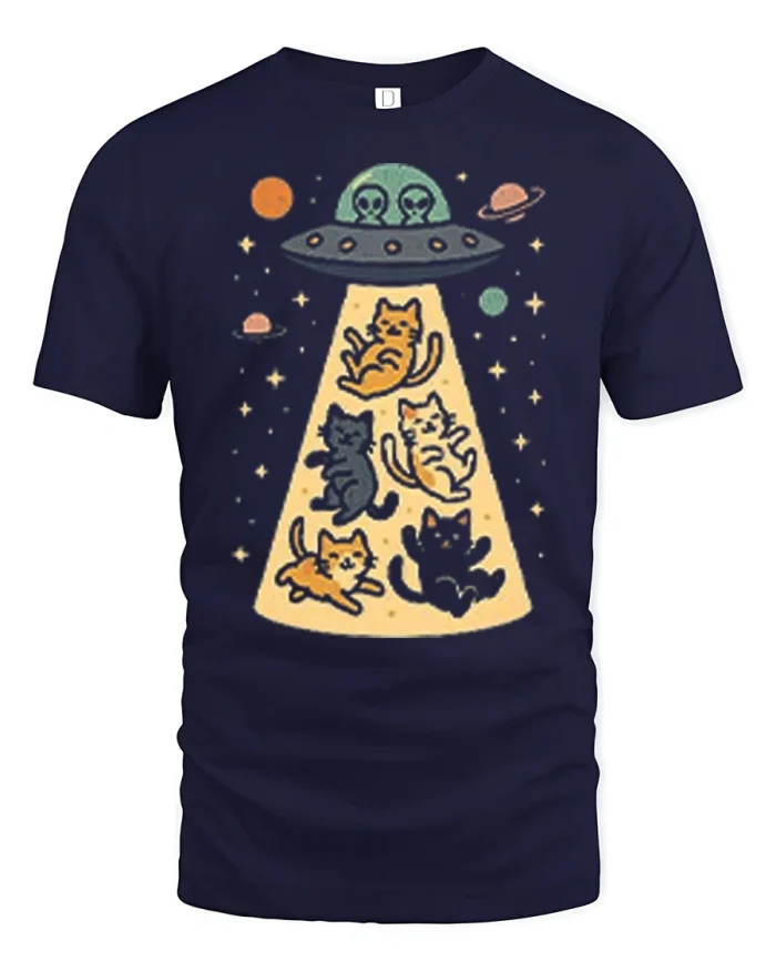 Cute Alien Cat Abduction Graphic Tee Funny Space Cat T Shirt - navy t-shirt on white background
