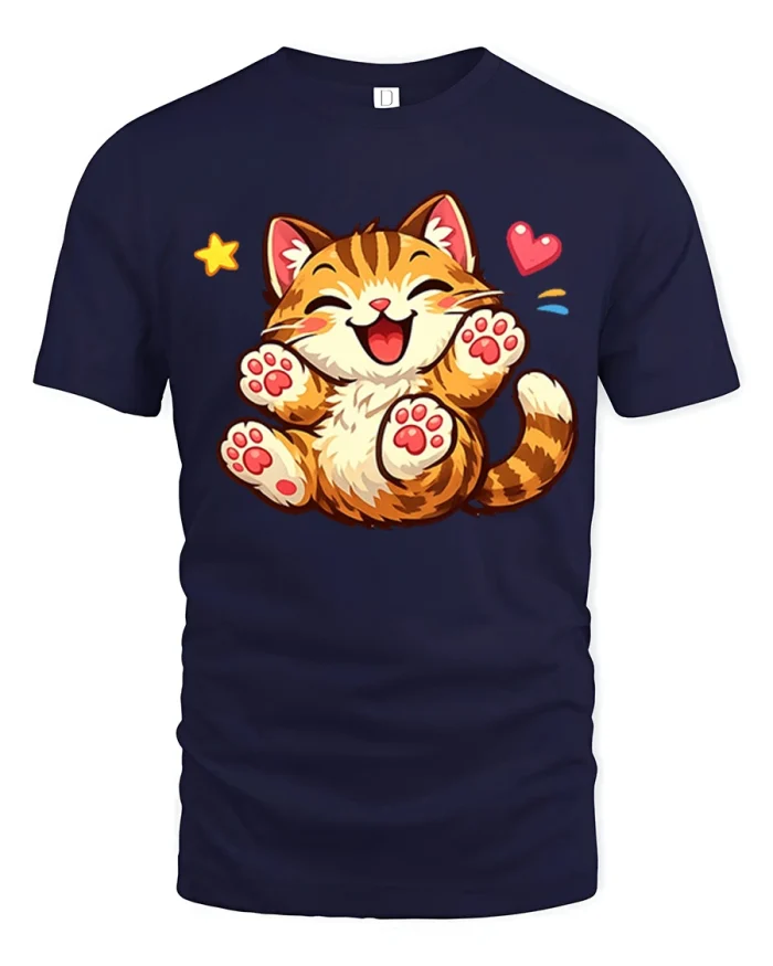Cute Happy Kitten Graphic Tee Adorable Smiling Cat Lover T Shirt - navy t-shirt on white background