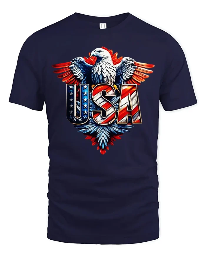 Patriotic USA Eagle Graphic Tee American Flag Freedom T Shirt - navy t-shirt on white background