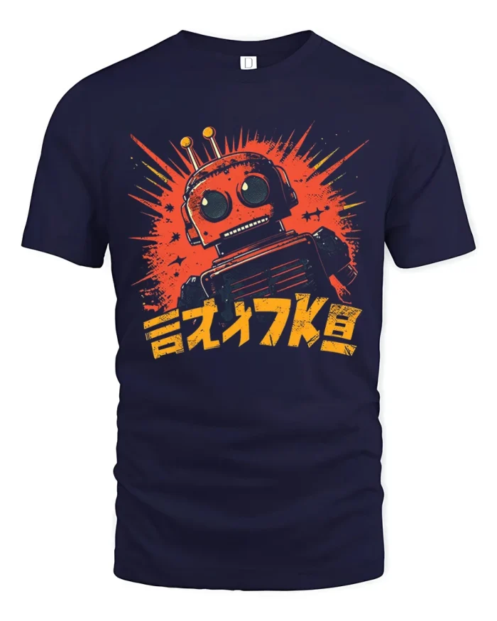 Retro Japanese Robot Graphic Tee Vintage Cute Mecha Anime Shirt - navy t-shirt on white background