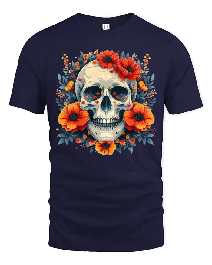 Vintage Floral Skull Graphic Tee Gothic Botanical Art Tshirt - navy t-shirt on white background