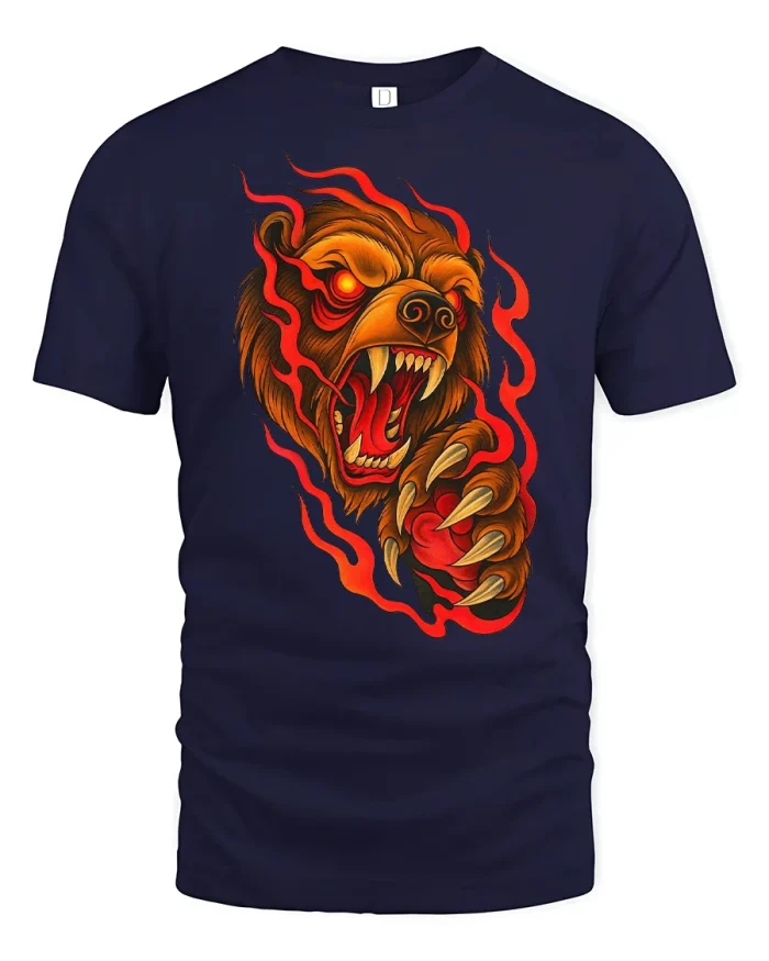 Fiery Demon Bear Graphic Tee Fierce Monster Horror Art Tshirt - navy t-shirt on white background