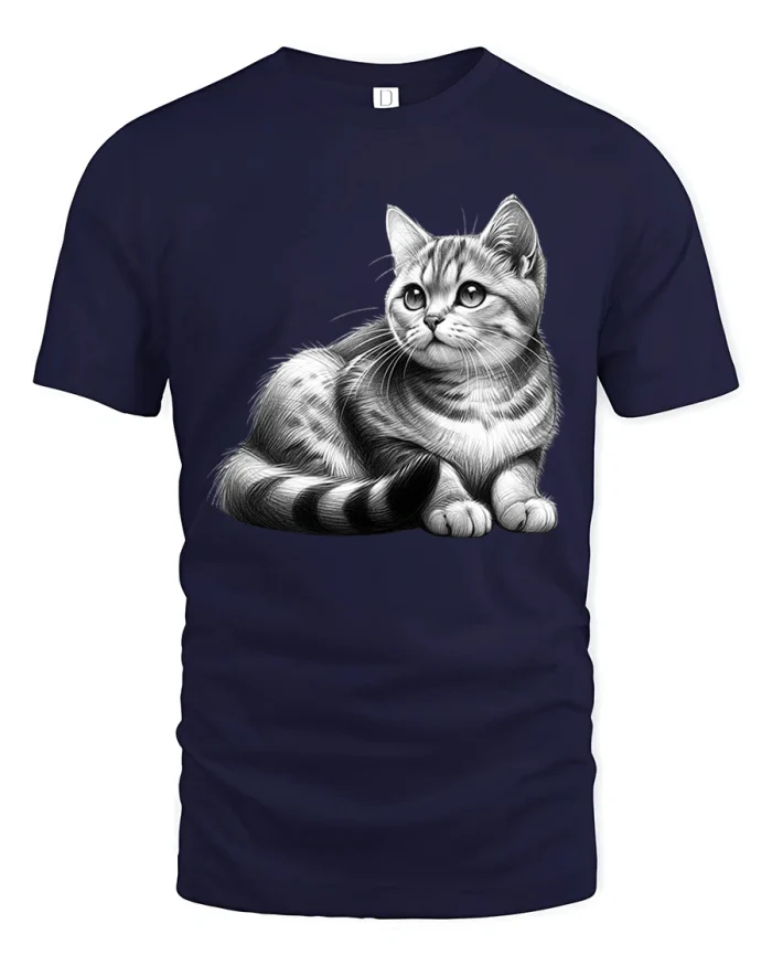 Cute Realistic Cat Graphic Tee Adorable Kitten Lover Art Tshirt - navy t-shirt on white background