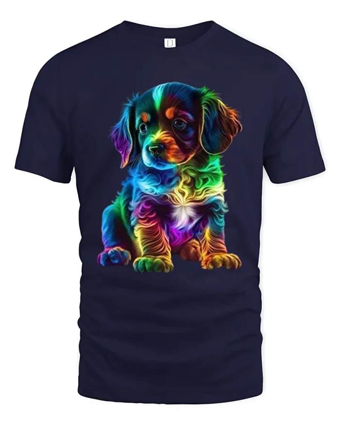 Colorful Rainbow Puppy Graphic Tee Cute Dog Lover Art Tshirt - navy t-shirt on white background