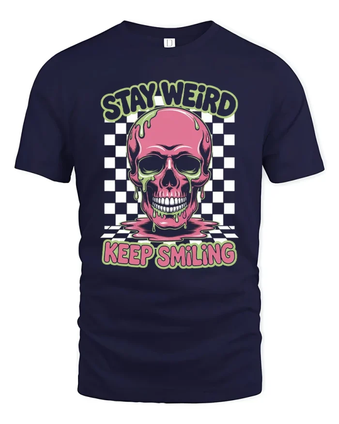 Stay Weird Keep Smiling Skull Graphic Tee Retro Gothic Tshirt - navy t-shirt on white background