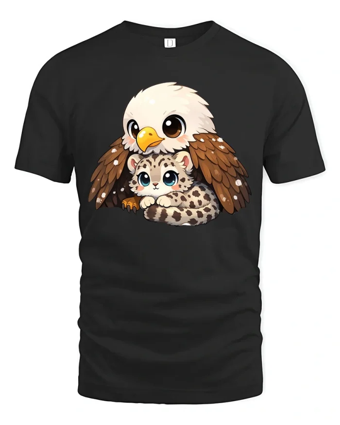 Cute Eagle Hugging Snow Leopard Chibi Kawaii Graphic Tee - black t-shirt on white background