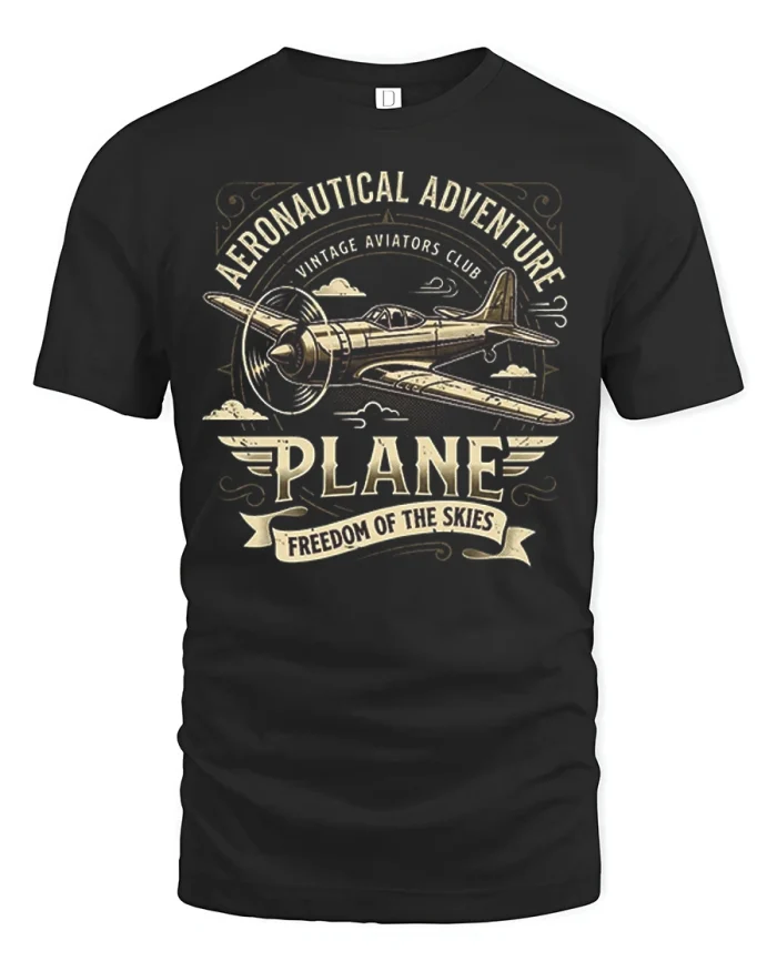 Vintage Airplane Aeronautical Adventure Pilot Graphic Tee - black t-shirt on white background