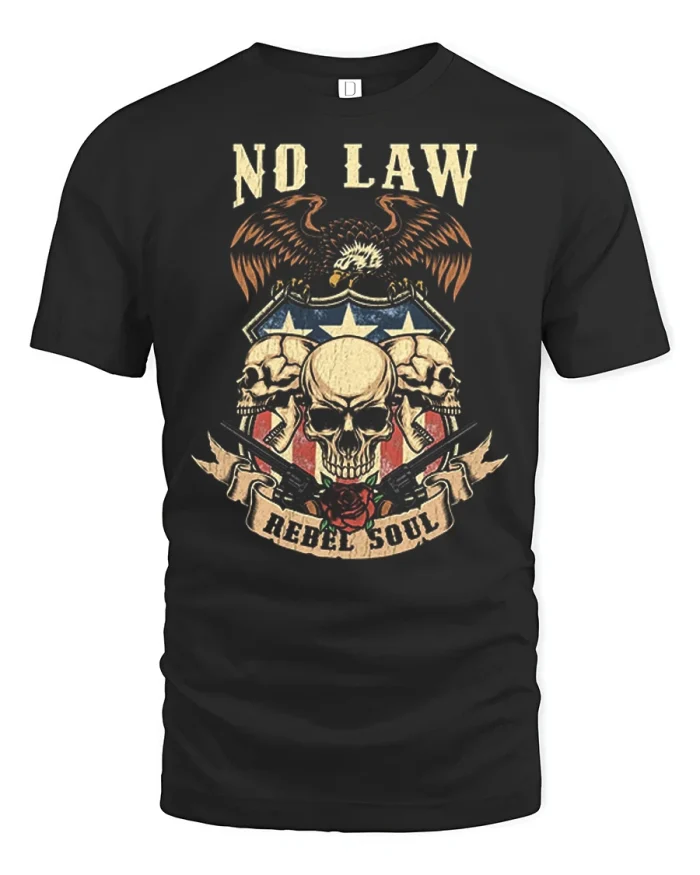No Law Rebel Soul American Flag Skull Biker Graphic Tee - black t-shirt on white background