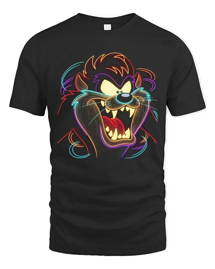 Neon Tasmanian Devil Cartoon Monster Streetwear Graphic Tee - black t-shirt on white background