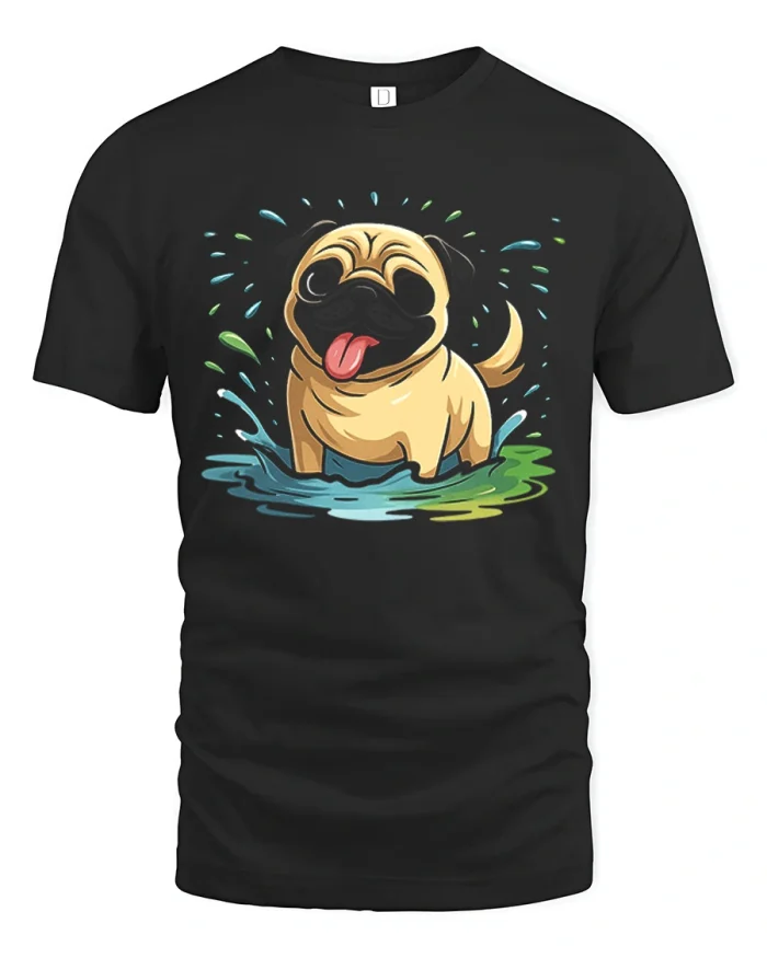 Cute Splashing Pug Dog Water Puddle Soft Graphic Tee - black t-shirt on white background