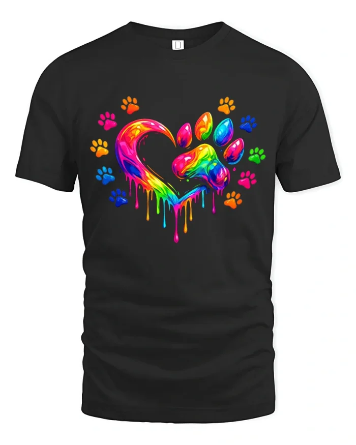 Colorful Rainbow Dripping Heart Paw Print Graphic Tee - black t-shirt on white background