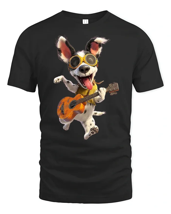 Cool Rockstar Dog Playing Guitar Aviator Goggles Graphic Tee - black t-shirt on white background