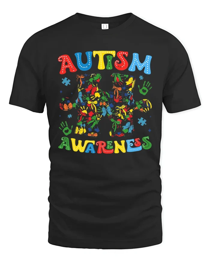 Colorful Autism Awareness Puzzle Piece Soft Cotton Graphic Tee - black t-shirt on white background