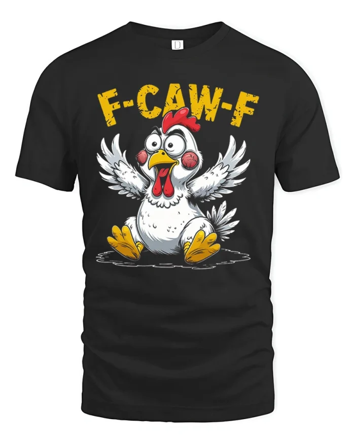 Funny Crazy Screaming Chicken FCAWF Pun Graphic Tee - black t-shirt on white background