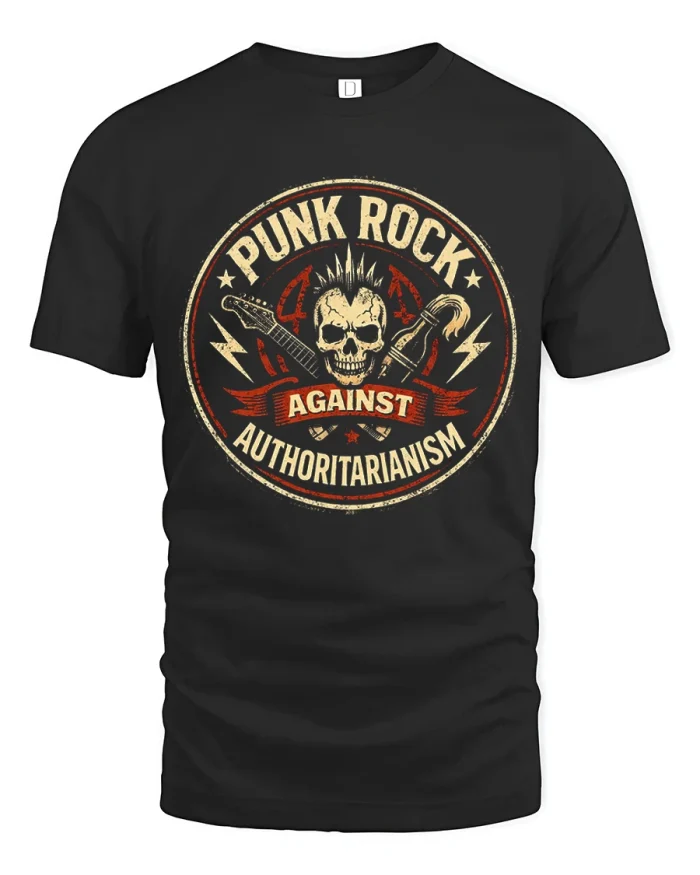 Punk Rock Against Authoritarianism Mohawk Skull Graphic Tee - black t-shirt on white background