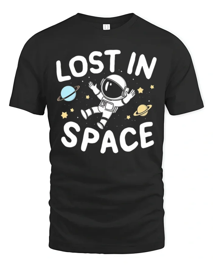 Lost In Space Astronaut Cosmic Adventure Graphic Tee - black t-shirt on white background
