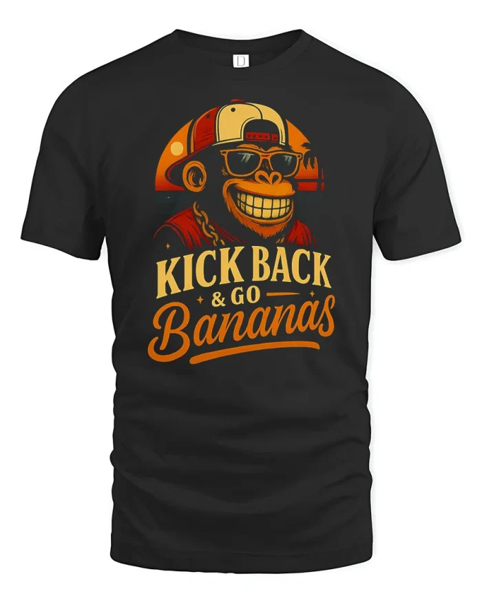 Funny Kick Back And Go Bananas Monkey Soft Cotton Graphic Tee - black t-shirt on white background