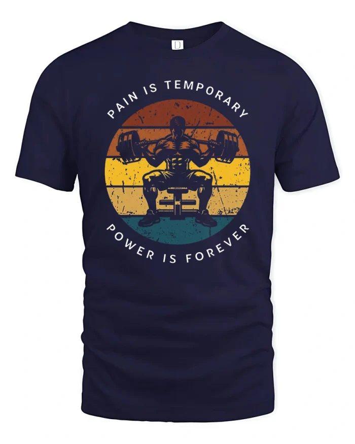 Pain Is Temporary Power Is Forever Retro Workout Graphic Tee - navy t-shirt on white background