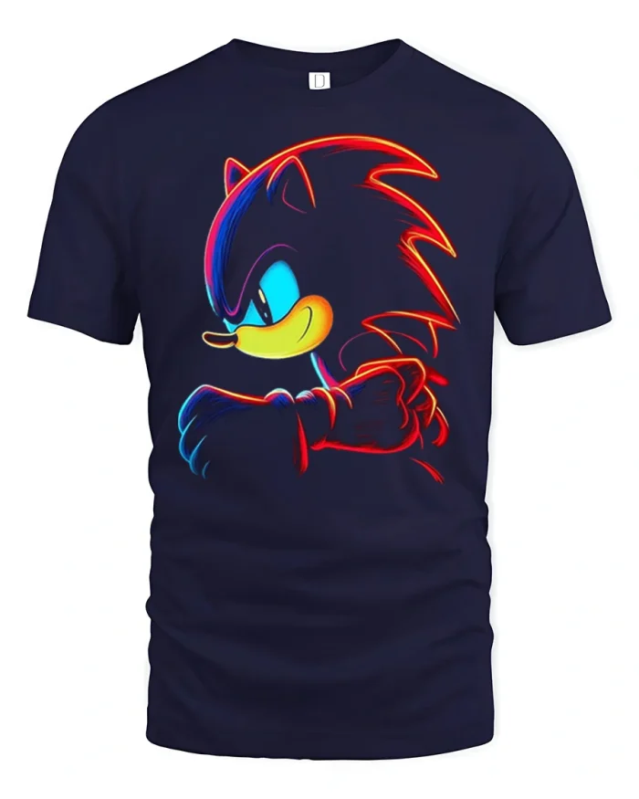 Neon Glowing Hedgehog Gamer Streetwear Graphic Tshirt - navy t-shirt on white background