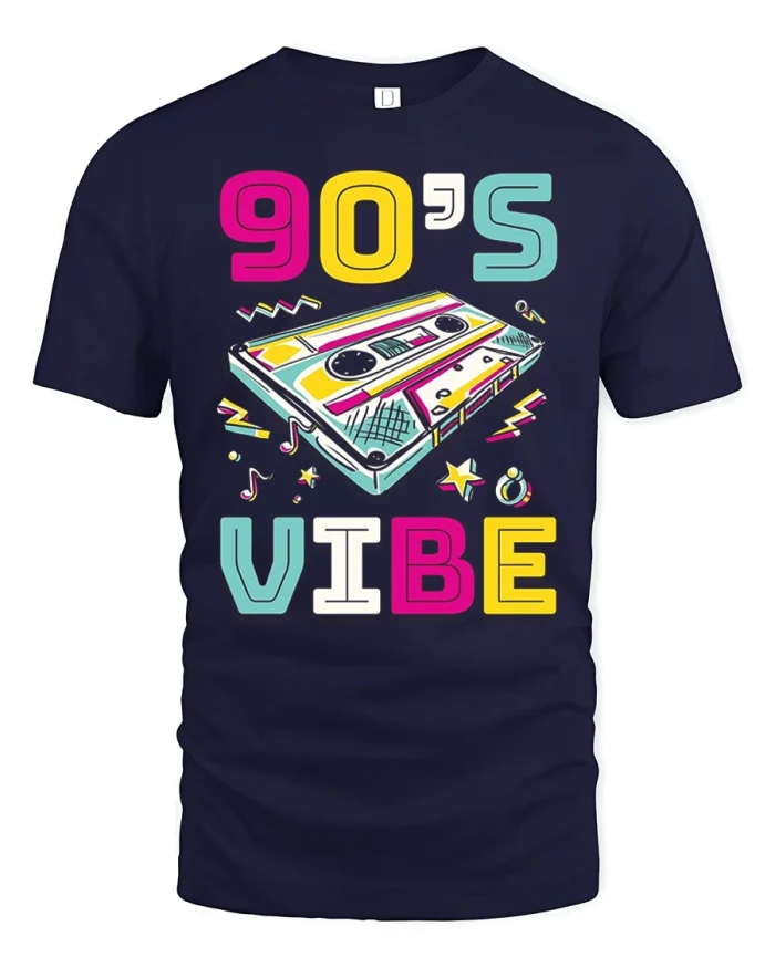 Retro 90s Vibe Cassette Tape Neon Vintage Graphic Tee - navy t-shirt on white background