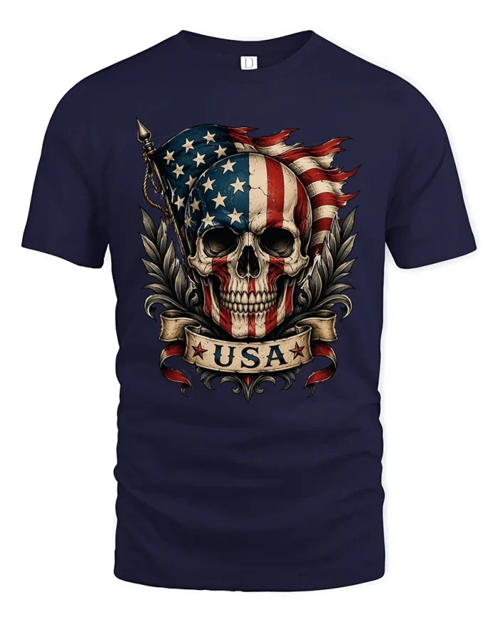 American Flag Skull USA Patriotic Biker Graphic Tee - navy t-shirt on white background